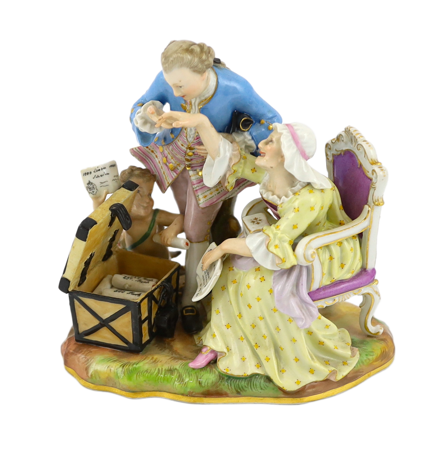 A Meissen group of an old woman and her young lover, 19th century, some restoration